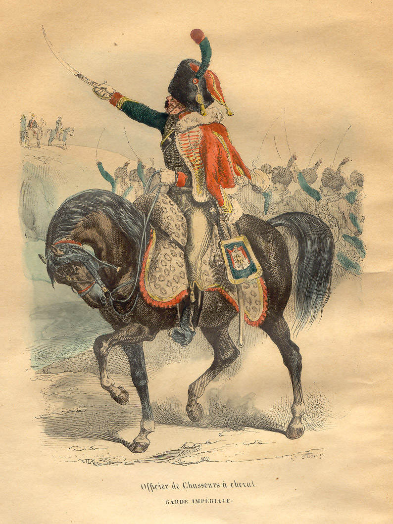 Wikimedia Commons. French horse-mounted chasseur officer of the Napoleon Guard. From book of P.-M. Laurent de L`Ardeche «Histoire de Napoleon», 1843. Russian site of War of 1812: [1] with courtesy of Vasili Kolcheev http://www.museum.ru/museum/1812/Army/Bellange/index.html https://commons.wikimedia.org/wiki/File:Napoleon_Chasseur_from_Guard_by_Bellange.jpg